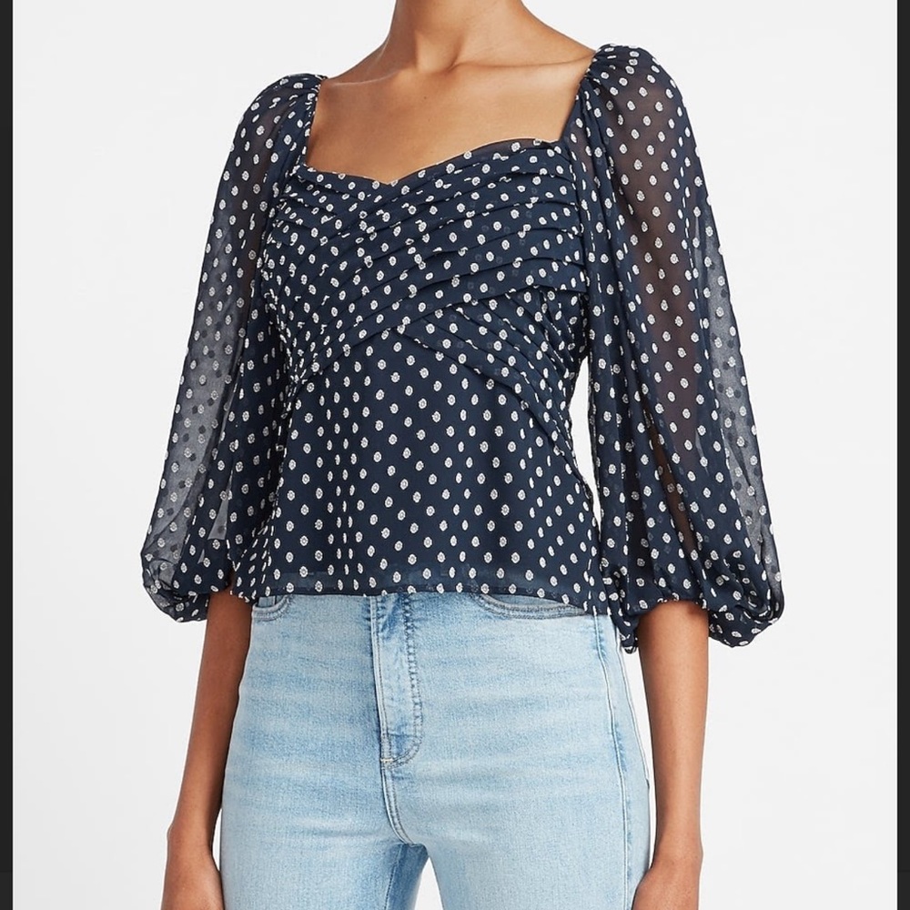 NWT EXPRESS NAVY BLUE WHITE CLIP DOT BALLOON SLEEVE TOP BLOUSE SZ XS